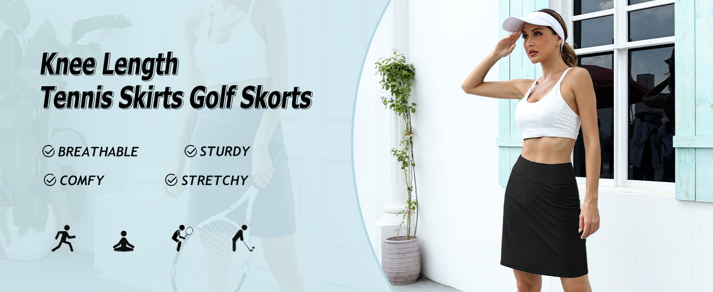 LouKeith 19" Womens Tennis Skirt Knee Length Athletic Skorts Dressy Casual Workout Golf Skirts with Shorts Pockets