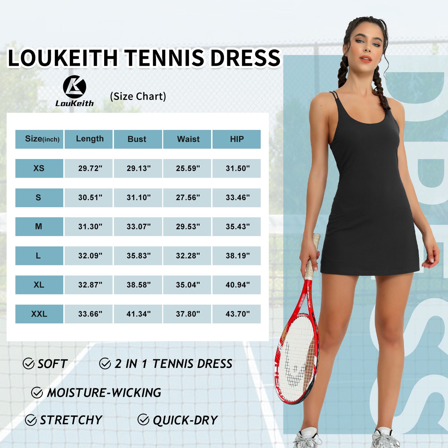 LouKeith Womens Tennis Dress with Built in Shorts & Bra Exercise Workout Sleeveless Athletic Golf Dresses with Pockets