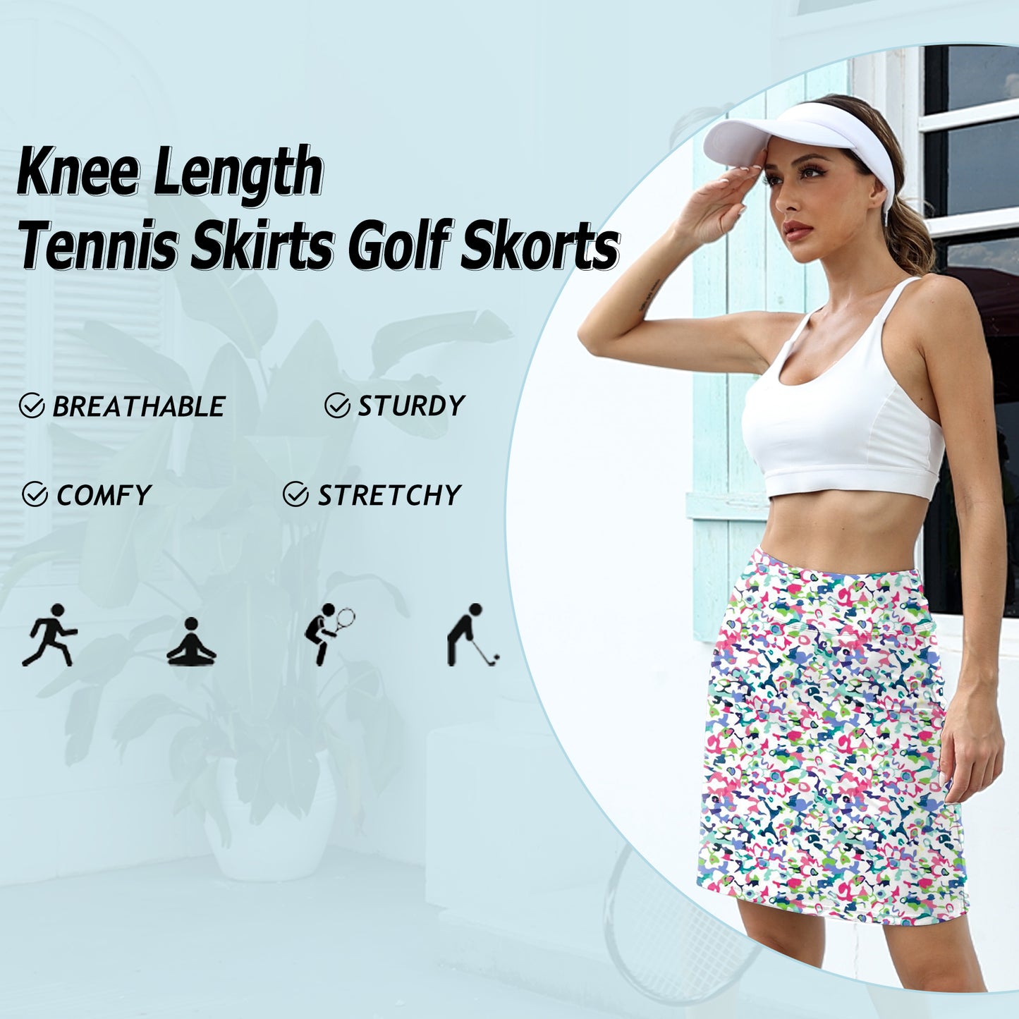 LouKeith 20’’ Knee Length Skorts Skirts for Women Tennis Skirts Athletic Golf Skorts Casual Workout Skirt with Shorts Pockets