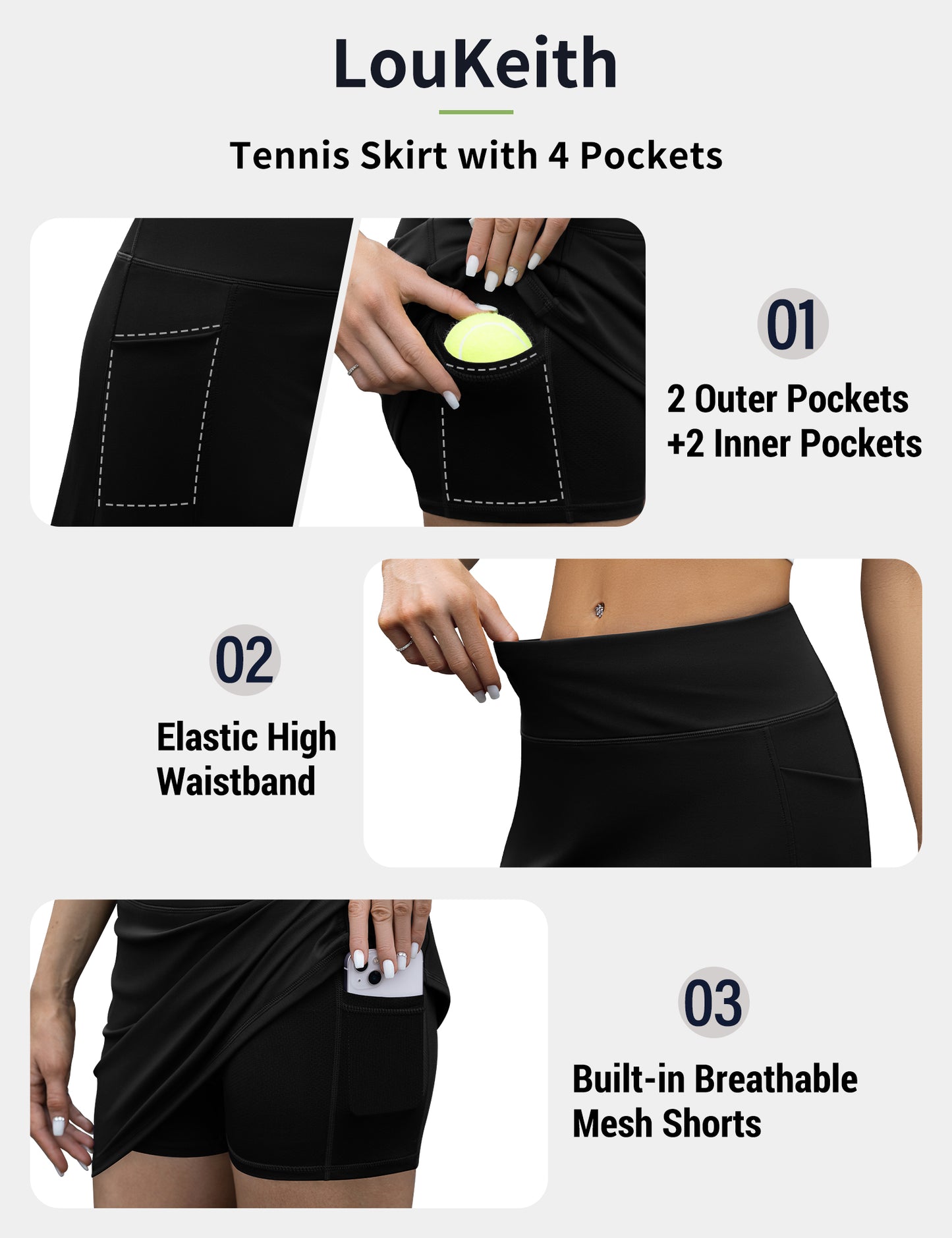 LouKeith Tennis Skirt with Shorts High Waisted Golf Skirts Dressy Casual Workout Athletic Skorts for Women with 4 Pockets